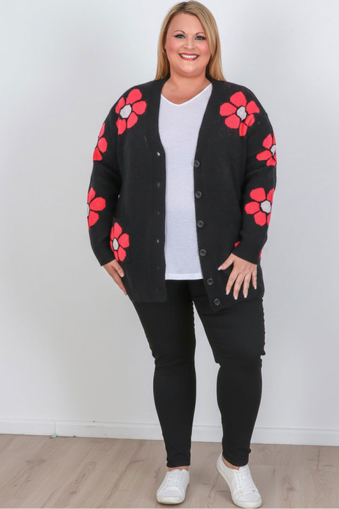 Plus Size Knit Cardigan With Flowers In Black