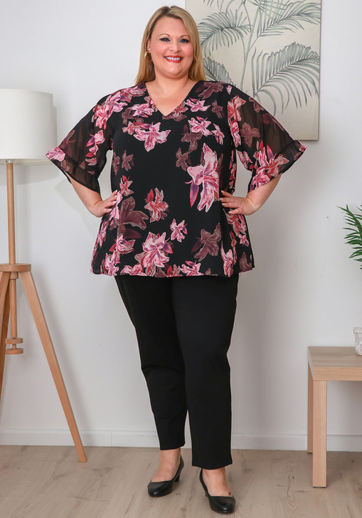 Plus Size Ruffle Sleeve Black Chiffon Top In Pink Floral