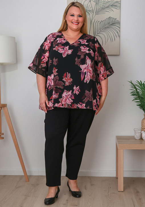 Plus Size Ruffle Sleeve Black Chiffon Top In Pink Floral