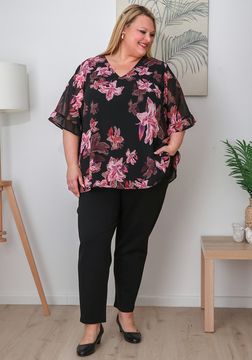Plus Size Ruffle Sleeve Black Chiffon Top In Pink Floral