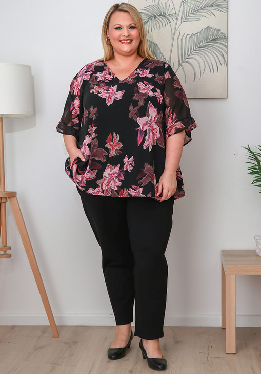 Plus Size Ruffle Sleeve Black Chiffon Top In Pink Floral