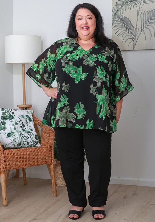 Plus Size Ruffle Sleeve Black Chiffon Top In Green Floral