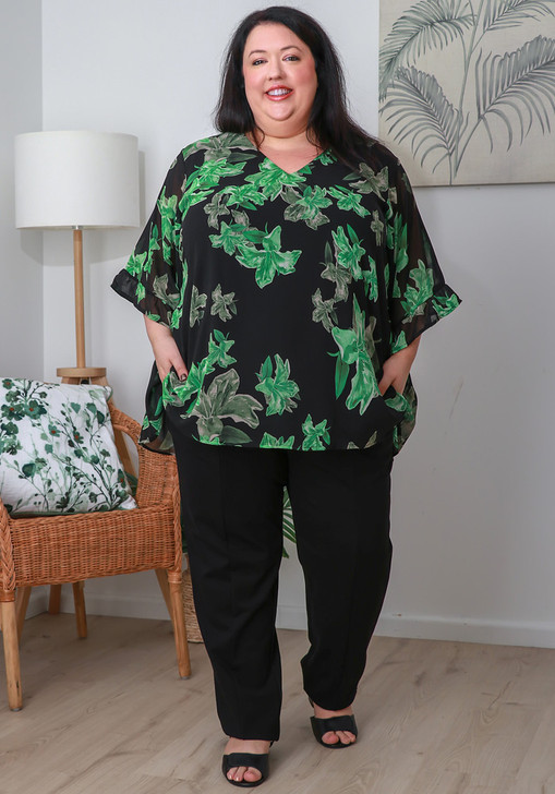 Plus Size Ruffle Sleeve Black Chiffon Top In Green Floral