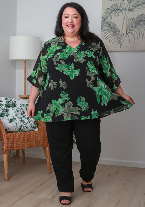 Plus Size Ruffle Sleeve Black Chiffon Top In Green Floral