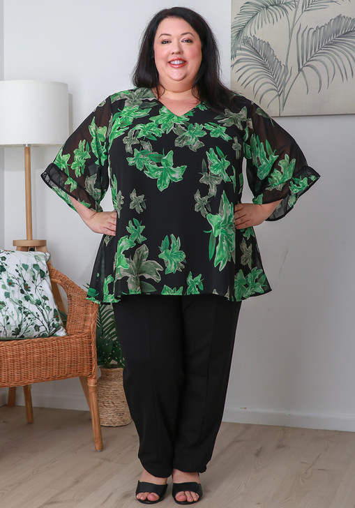Plus Size Ruffle Sleeve Black Chiffon Top In Green Floral