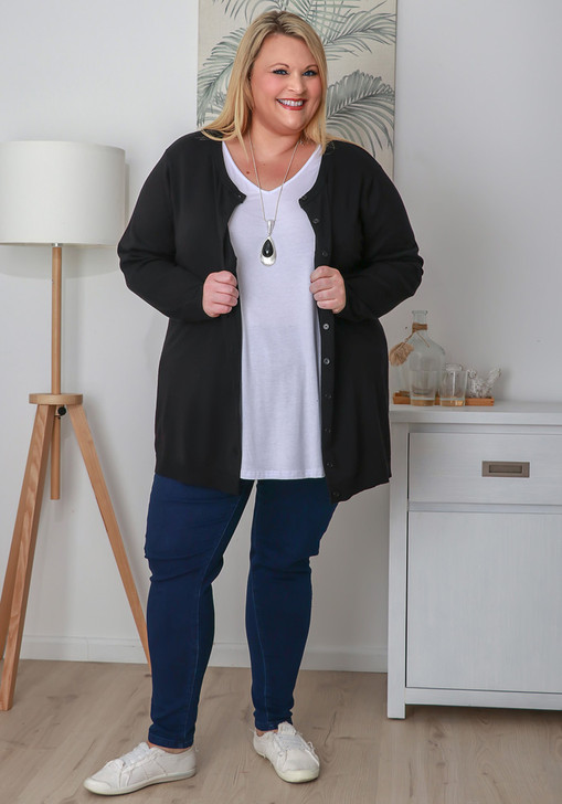 Plus Size Button Up Fine Knit Classic Black Cardigan