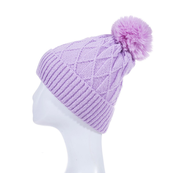 Lilac Diamond Knit Beanie With Pompom