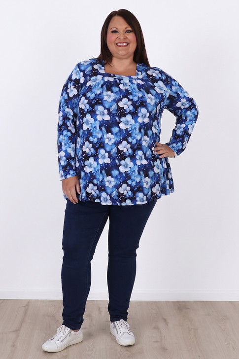 Plus Size Square Neck Top With Blue And White Blossom by Curvaceous