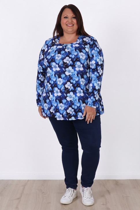 Plus Size Square Neck Top With Blue And White Blossom in Sizes 18 to 32