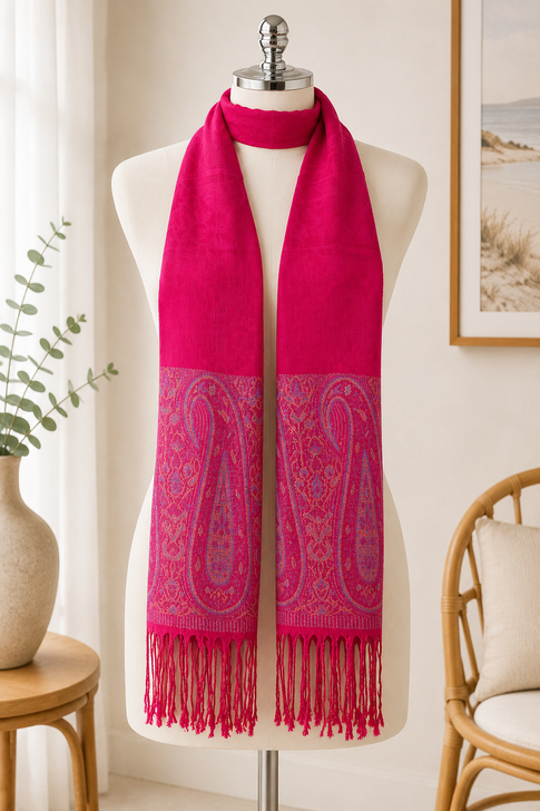 Hot Pink Pashmina Scarf With Paisley Border