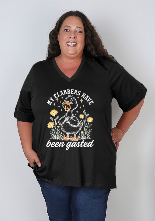 Plus Size Flabbergasted Goose Print Black Side Split Cotton Top