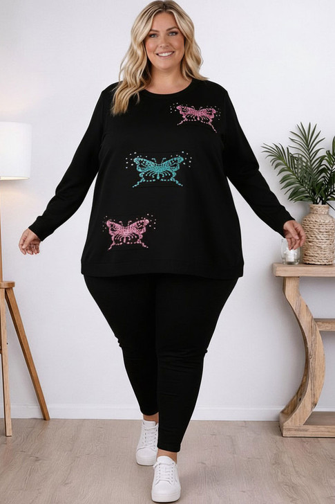 Plus Size Black Knit Jumper With Butterflies