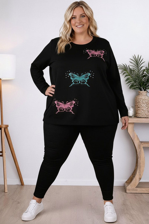 Plus Size Black Knit Jumper With Butterflies