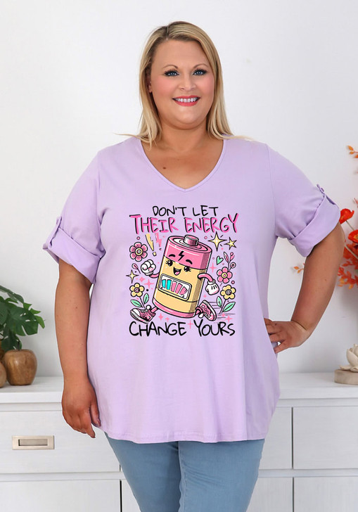Plus size Funky Energy Print Lavender V Neck Top 