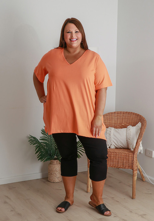 Plus Size V Neck Tee With Side Splits In Orange
