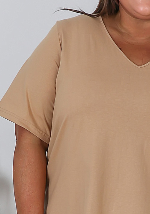 Plus Size Cotton V Neck Tee With Side Splits In Latte