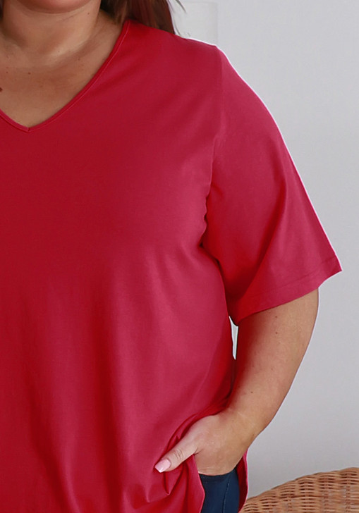 Plus Size Cotton V Neck Curved Hem Tee In Watermelon