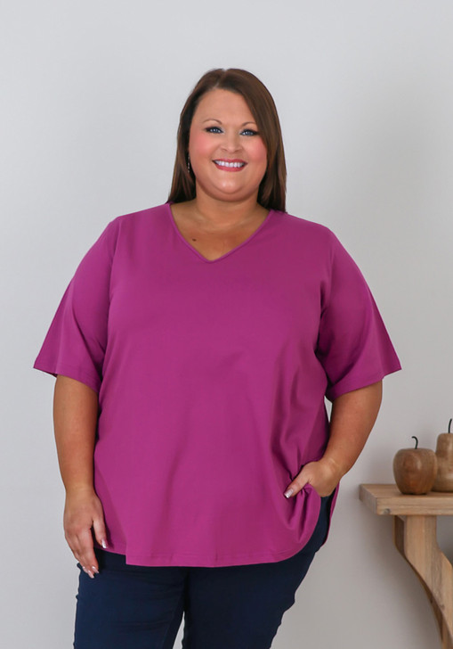 Cotton V Neck Curved Hem Tee In Fuchsia