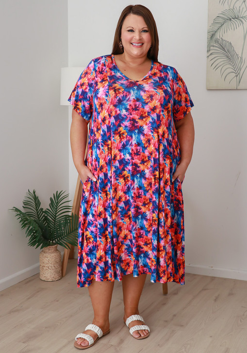 Plus Size Stretch Slip On Dress In Fiery Floral
