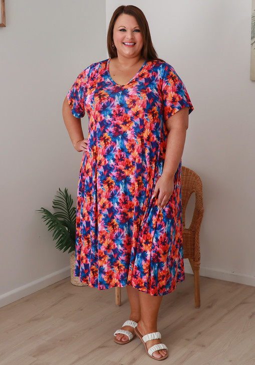 Plus Size Stretch Slip On Dress In Fiery Floral