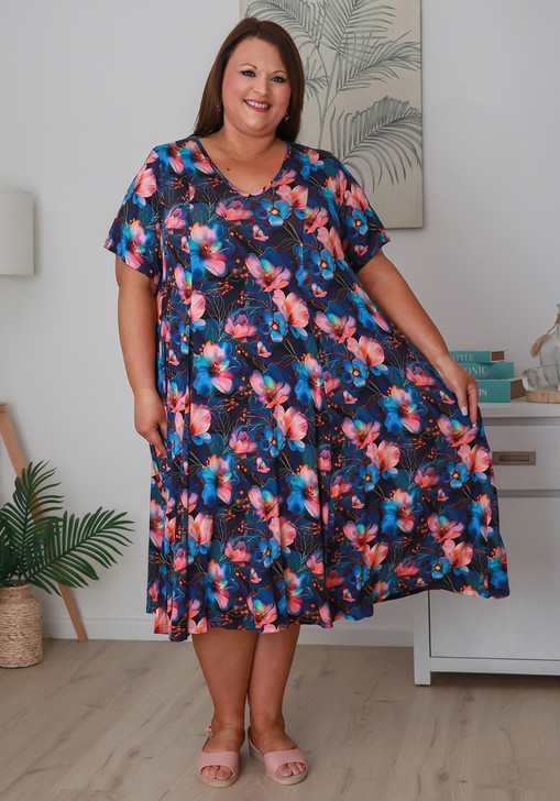 Plus Size Stretch Slip On Dress In Dreamy Magnolia Print