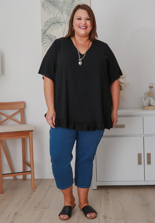 Plus Size Linen Blend Ruffle Hem Top in Black