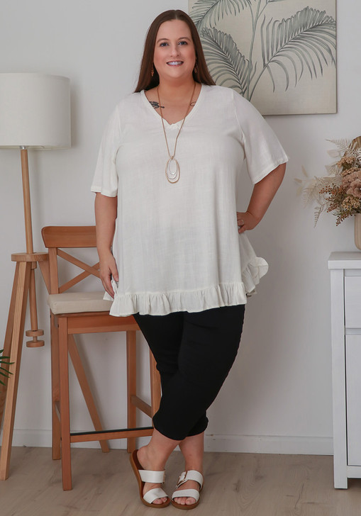 Plus Size Linen Blend Ruffle Hem Top in White