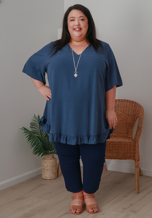 Plus Size Linen Blend Ruffle Hem Top in Blue
