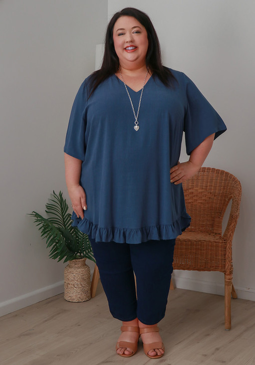 Plus Size Linen Blend Ruffle Hem Top in Blue