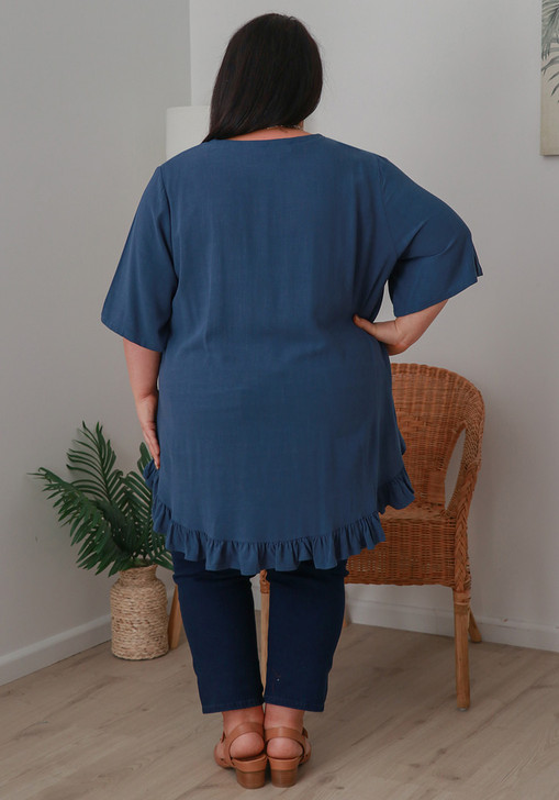 Plus Size Linen Blend Ruffle Hem Top in Blue
