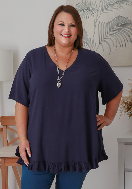 Linen Blend Ruffle Hem Top in Navy