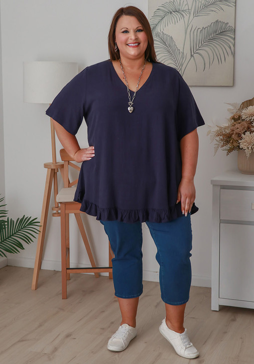 Plus Size Linen Blend Ruffle Hem Top in Navy