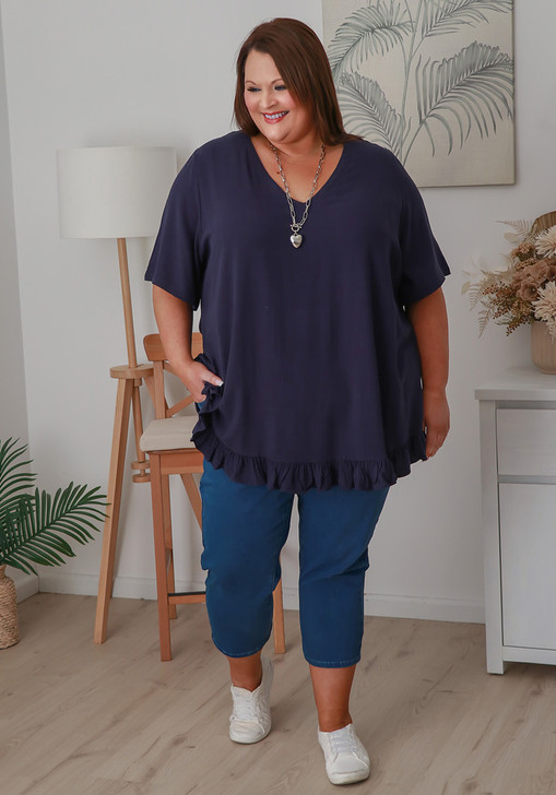 Plus Size Linen Blend Ruffle Hem Top in Navy
