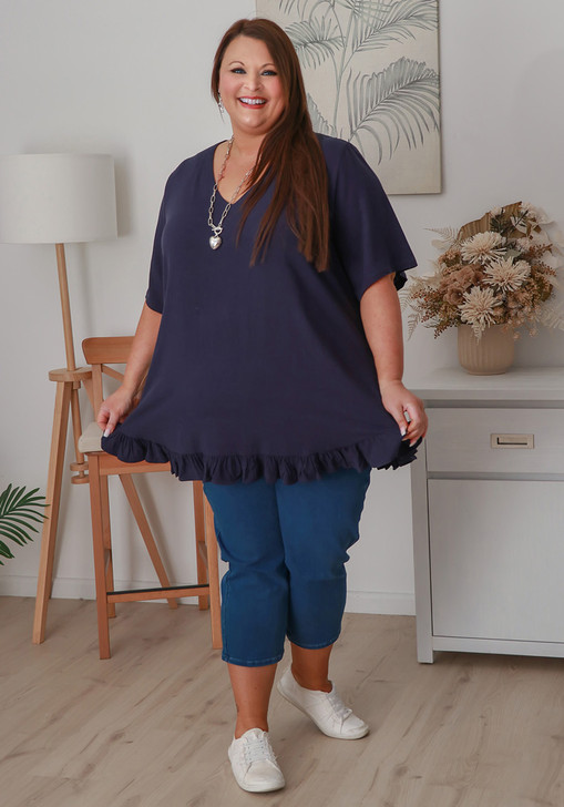 Plus Size Linen Blend Ruffle Hem Top in Navy