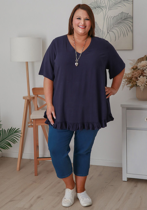 Plus Size Linen Blend Ruffle Hem Top in Navy