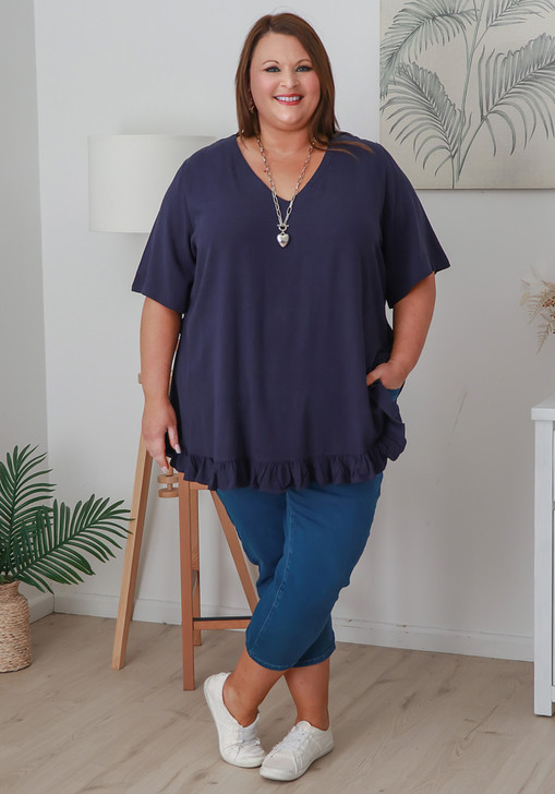 Plus Size Linen Blend Ruffle Hem Top in Navy