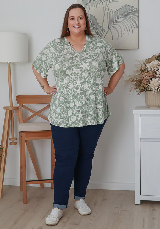 Plus Size Stretch Rayon Tee in Olive Starfish and Shells