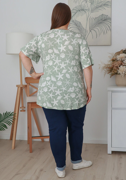 Plus Size Stretch Rayon Tee in Olive Starfish and Shells