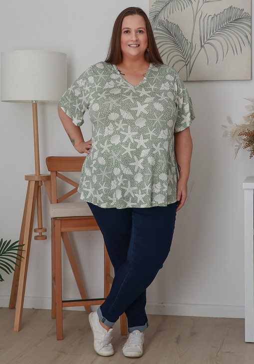 Plus Size Stretch Rayon Tee in Olive Starfish and Shells