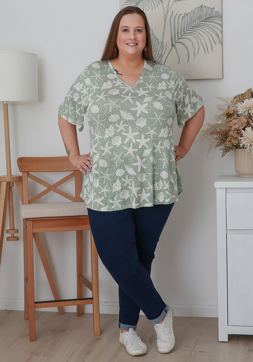 Plus Size Stretch Rayon Tee in Olive Starfish and Shells