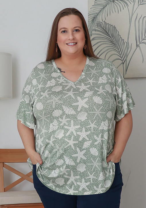 Plus Size Stretch Rayon Tee in Olive Starfish and Shells