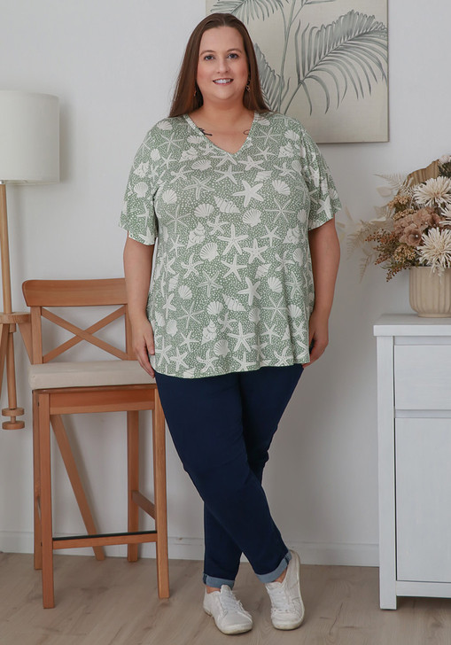 Plus Size Stretch Rayon Tee in Olive Starfish and Shells