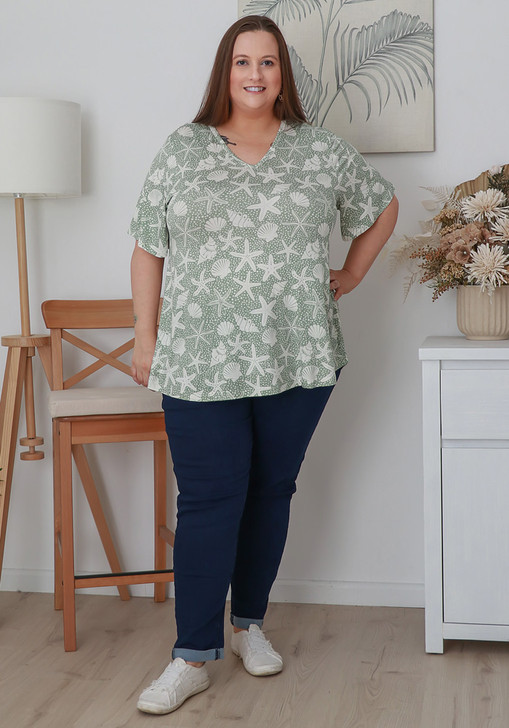 Plus Size Stretch Rayon Tee in Olive Starfish and Shells
