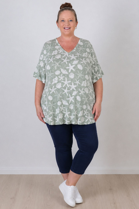 Plus Size Short Sleeve Top in Olive Starfish and Shells
