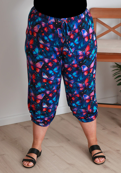 Plus Size Bamboo Crop Ruched Pant In Evening Butterflies Curvaceous