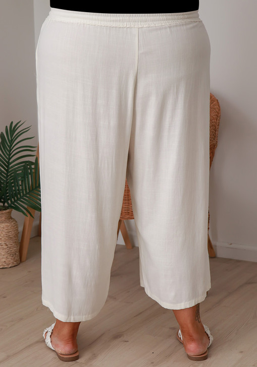 Plus Size Wide Leg Linen Crop Pant In White