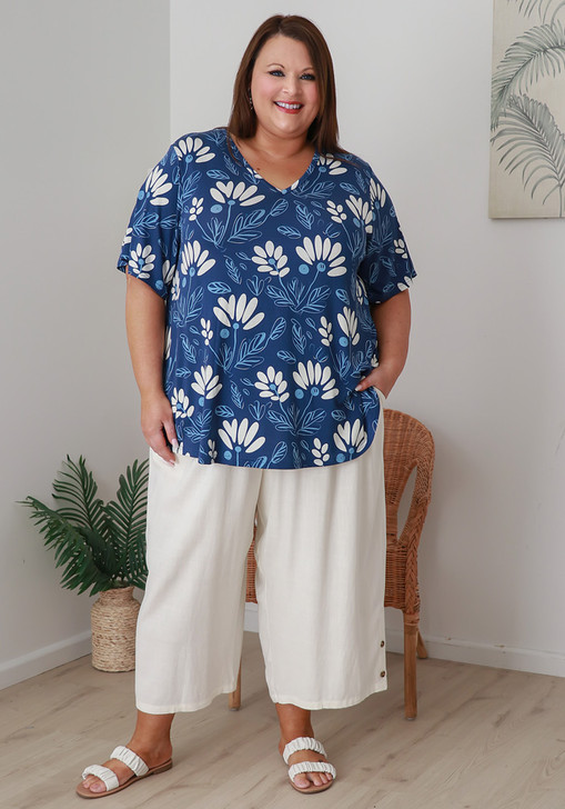 Plus Size Wide Leg Linen Crop Pant In White