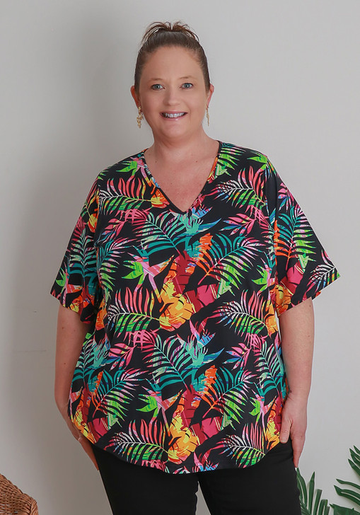 V Neck Cotton Tee In Colourful Palm Leaf