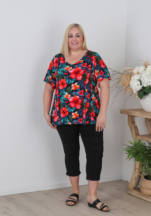 Plus Size Stretch Paneled Top in Tropical Hibiscus