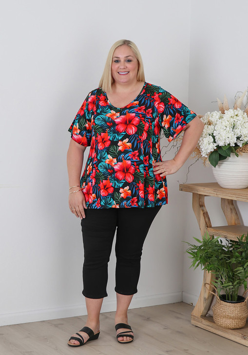Plus Size Curvaceous Tropical Hibiscus Short sleeve Top